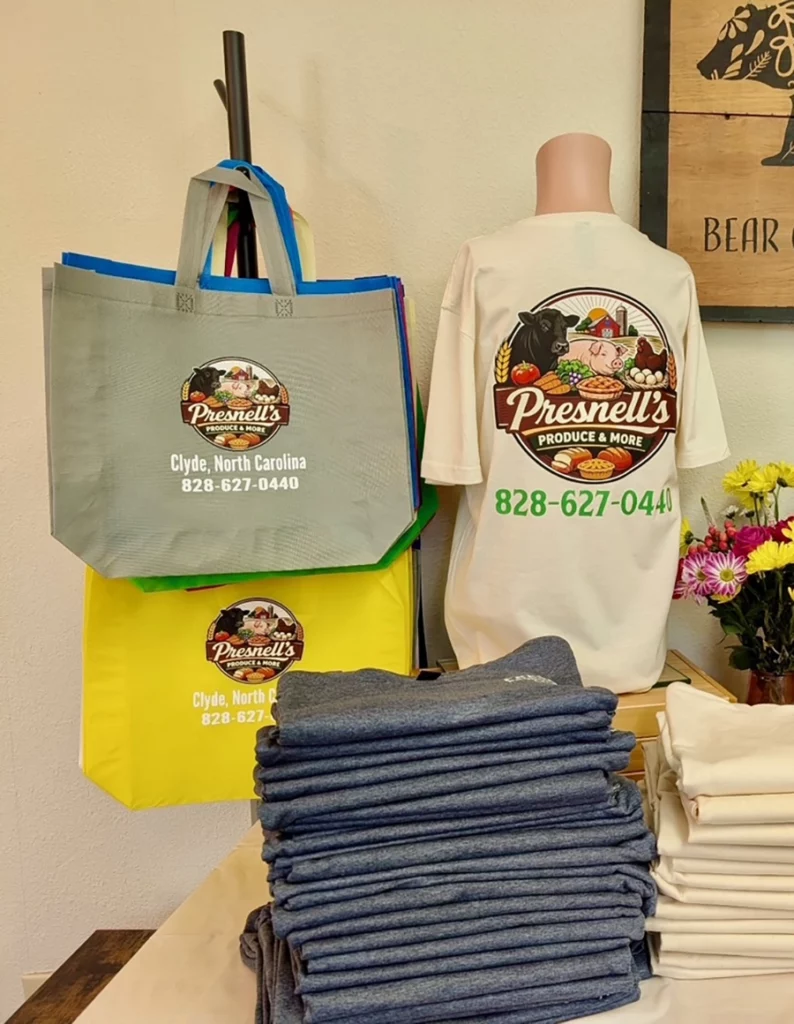Presnell's merchandise shirts and bags